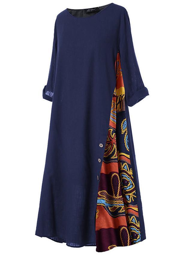 Women's Swing Dress Maxi long Dress - 3/4 Length Sleeve Print Print Spring & Summer Hot Casual Holiday vacation dresses Loose 2020 Red Yellow Wine Army Green Navy Blue Gray L XL XXL 3XL 4XL 5XL