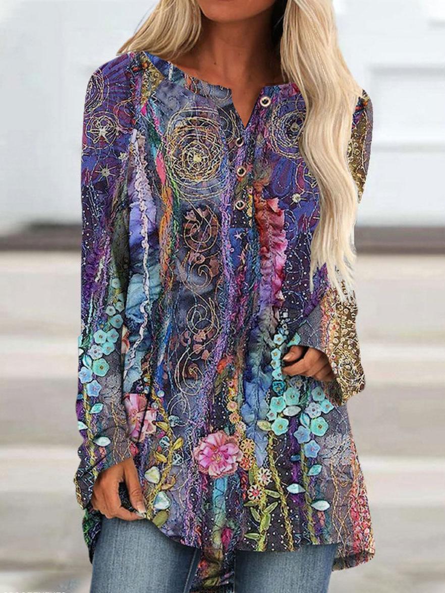 Round Neck Flower Print Loose Long Sleeve T-shirt