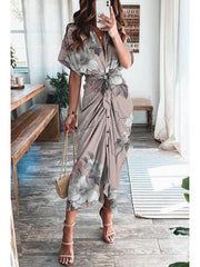 Print Satin Pleated Classy Bandage Shirt Dress