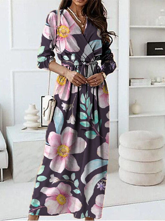 Printed Satin Pleated Elegant Bandage V-Neck Dress