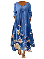 Boho Maxi Dresses for Women Casual Summer Long Sleeve Button Floral Print Loose Bohemian Long Dresses Blue