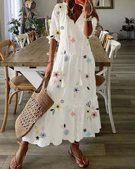 Bohemian V-Neck Print Drawstring Short Sleeve Midi Dress