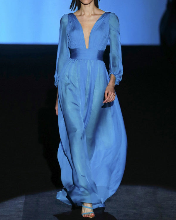 Blue V-neck Faux Silk Puff Sleeve Long Dress