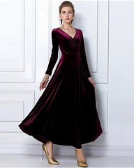 Women's Sheath Dress Maxi long Dress Black Purple Wine Green Royal Blue Long Sleeve Solid Colored V Neck Hot Velvet S M L XL XXL 3XL / Plus Size