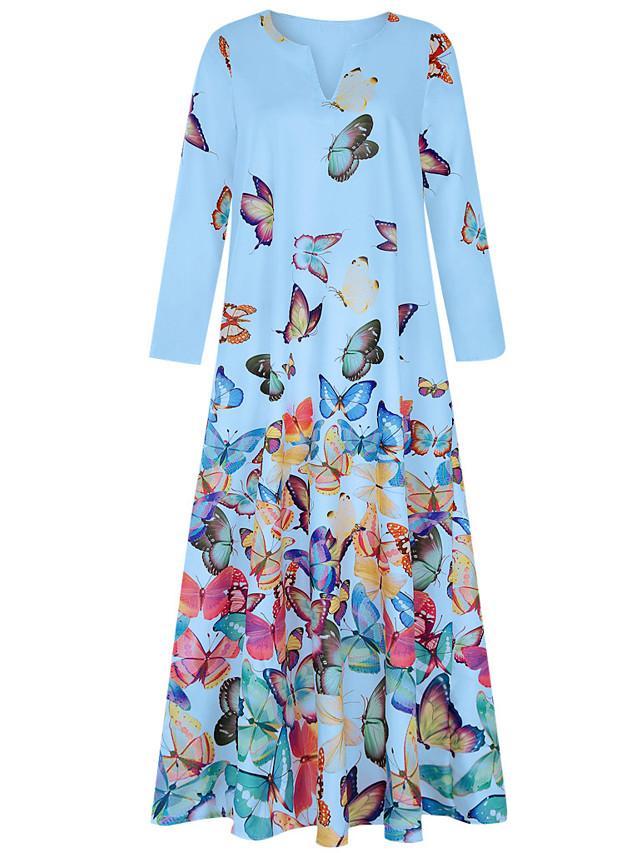 Women's Shift Dress Maxi long Dress - Long Sleeve Butterfly Spring Fall Hot Loose White Yellow Blushing Pink Light Blue S M L XL XXL 3XL 4XL 5XL