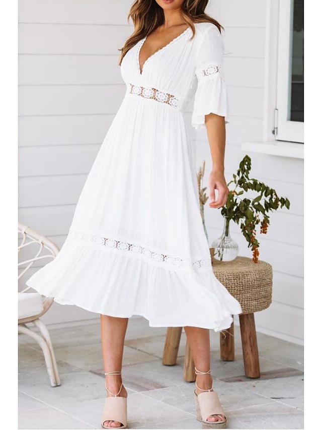 Women's Swing Dress Midi Dress - Half Sleeve Solid Colored Summer Spring & Summer V Neck Hot Beach vacation dresses Flare Cuff Sleeve 2020 White S M L XL / Sexy