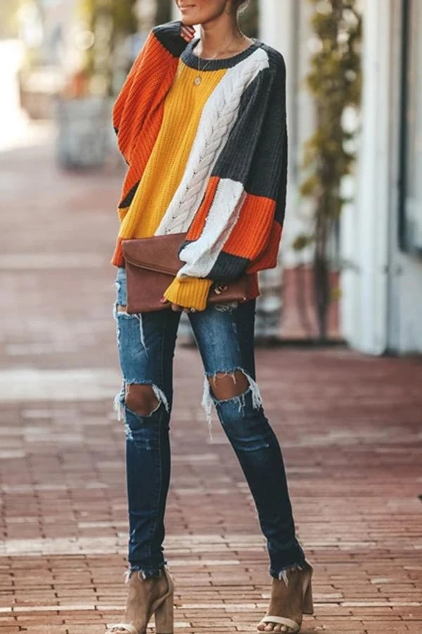 Color Patchwork Round Neck Sweater