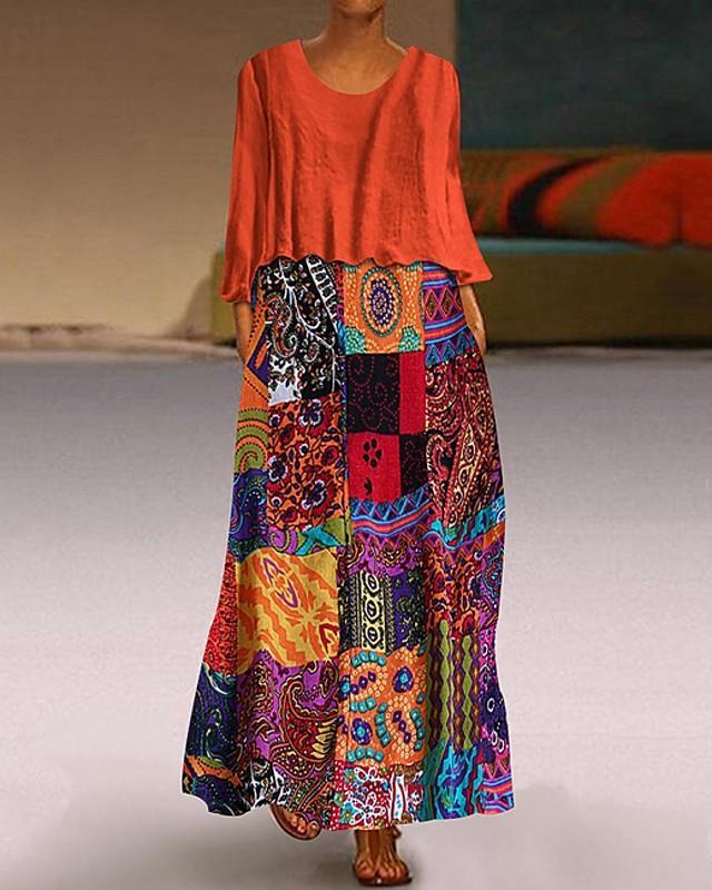 Women's Two Piece Dress Maxi long Dress - 3/4 Length Sleeve Graphic Print Plus Size Hot Holiday Loose Blue Purple Orange M L XL XXL 3XL 4XL 5XL