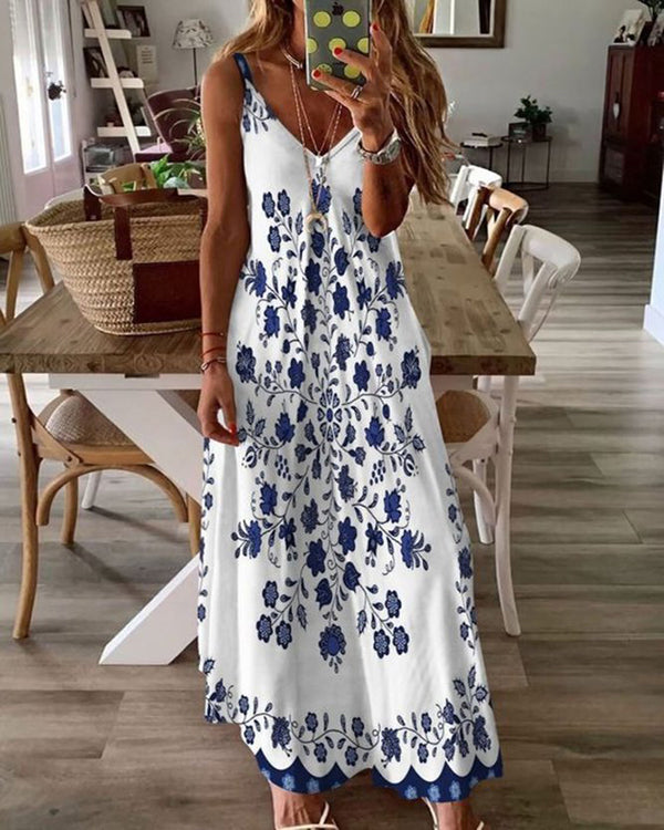 Casual V-neck Printed Suspender Maxi Dress