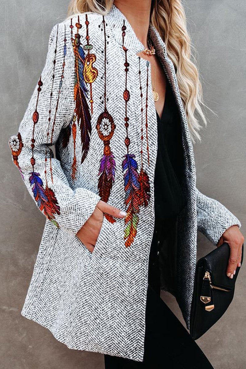 Printed Long Sleeve Pockets Coat