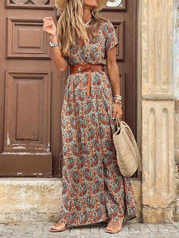 Bohemian V Neck Print A-Line Maxi Dress With Belt