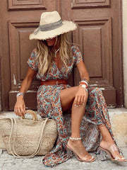 Bohemian V Neck Print A-Line Maxi Dress With Belt