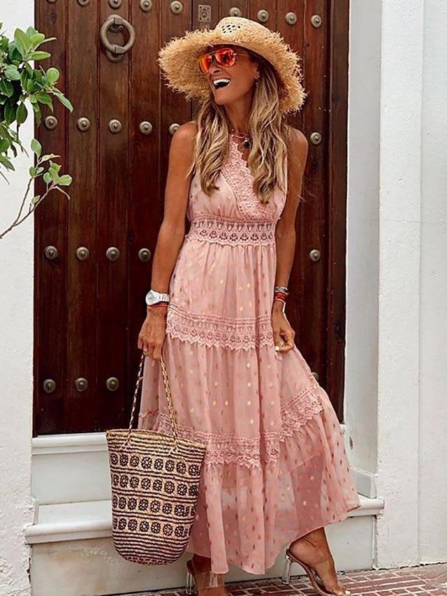 Women's A-Line Dress Maxi long Dress - Sleeveless Solid Color Summer Casual 2020 White Yellow Blushing Pink Khaki Light Blue S M L XL