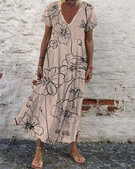 Casual Vintage Print Loose V-Neck Short Sleeve Maxi Dress