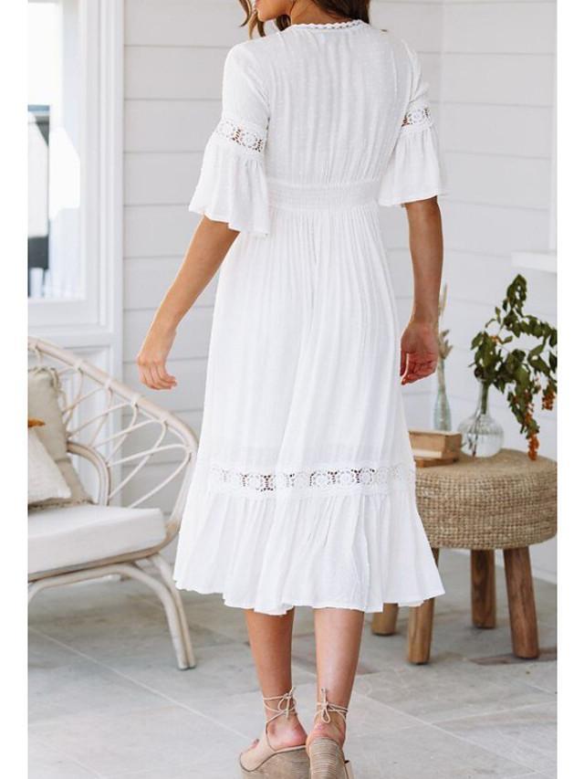 Women's Swing Dress Midi Dress - Half Sleeve Solid Colored Summer Spring & Summer V Neck Hot Beach vacation dresses Flare Cuff Sleeve 2020 White S M L XL / Sexy