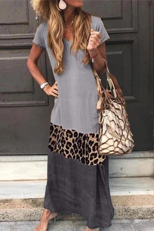 Casual Color Block Leopard Maxi Dress