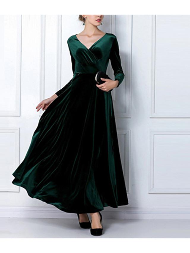 Women's Sheath Dress Maxi long Dress Black Purple Wine Green Royal Blue Long Sleeve Solid Colored V Neck Hot Velvet S M L XL XXL 3XL / Plus Size