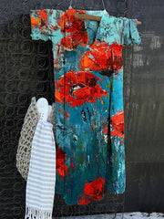 Vintage Print V-Neck Cotton Linen Loose Long Sleeve Dress