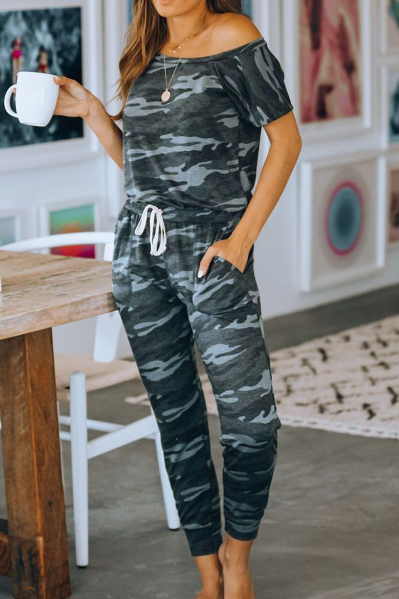 Camouflage Drawstring Off The Shoulder Jumpsuit