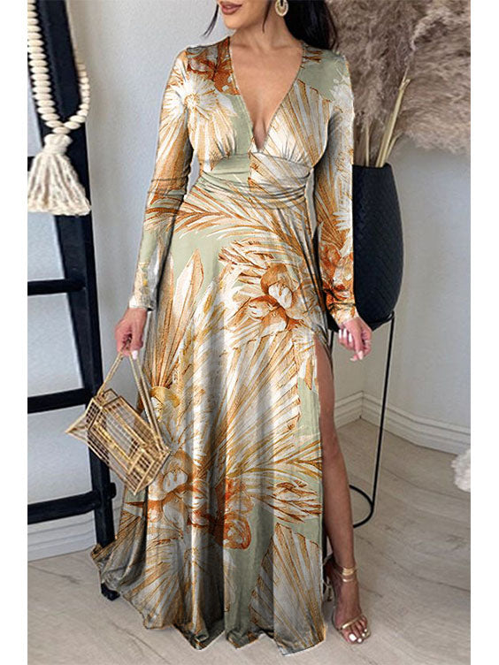 Printed Neck Pleated Elegant Slit V-Neck Maxi Dress