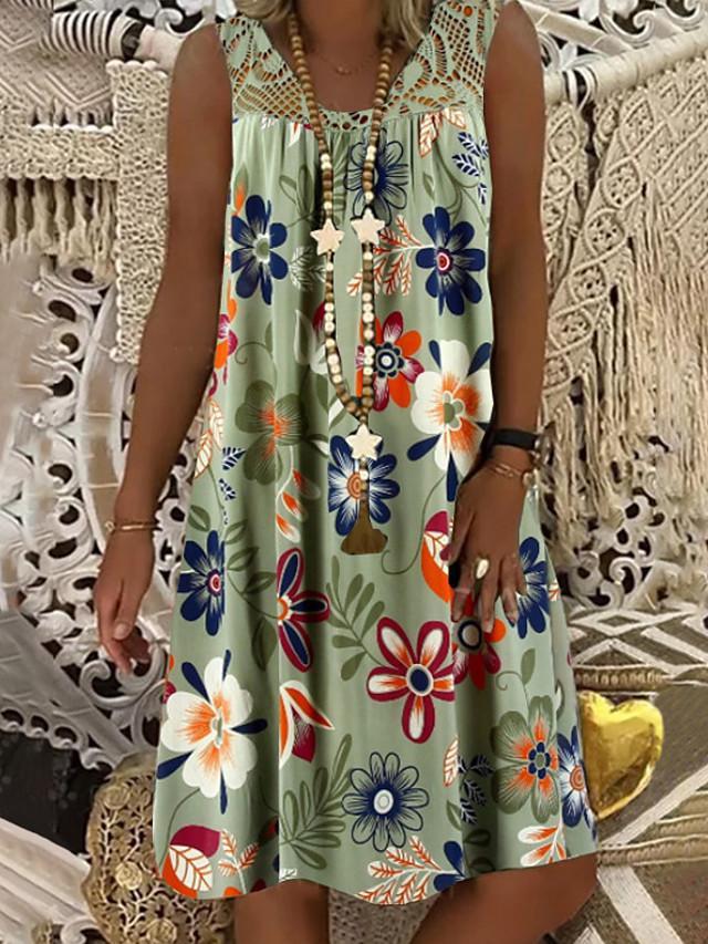 Women's Shift Dress Knee Length Dress - Sleeveless Floral Lace Print Summer Plus Size Hot Mumu Beach vacation dresses 2020 White Black Army Green Fuchsia Navy Blue M L XL XXL 3XL 4XL 5XL