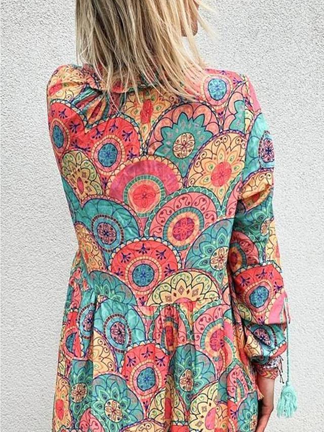 Women's Swing Dress Maxi long Dress Long Sleeve Print Patchwork Print Fall V Neck Casual Boho Loose Rainbow S M L XL XXL