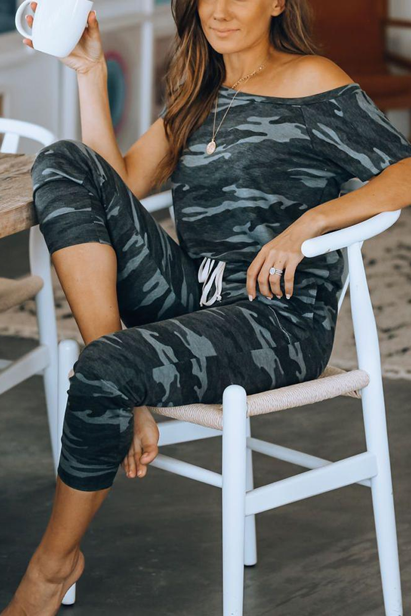 Camouflage Drawstring Off The Shoulder Jumpsuit