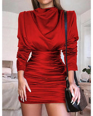 Women's Sheath Dress Short Mini Dress - Long Sleeve Solid Color Ruched Pleated Hot Sexy Party Batwing Sleeve Slim Black Red Royal Blue S M L XL-0219804