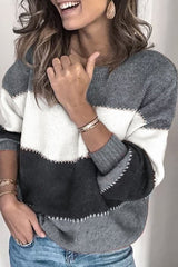 Casual Color Patchwork Round Neck Sweater