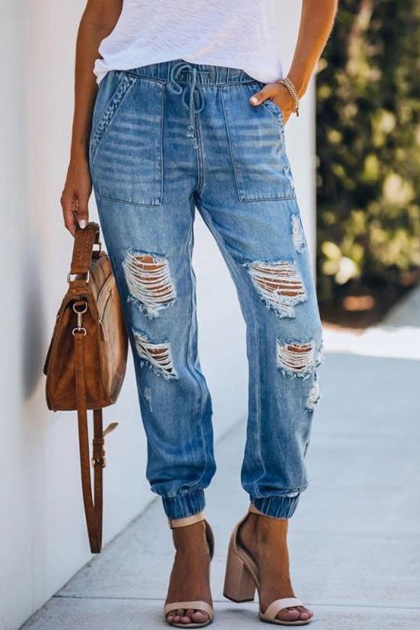 Casual High Waist Broken Holes Loose Jeans