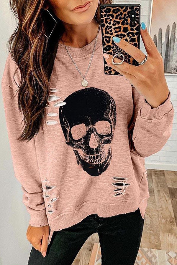 Casual Skull Print Hole Loose T-shirt