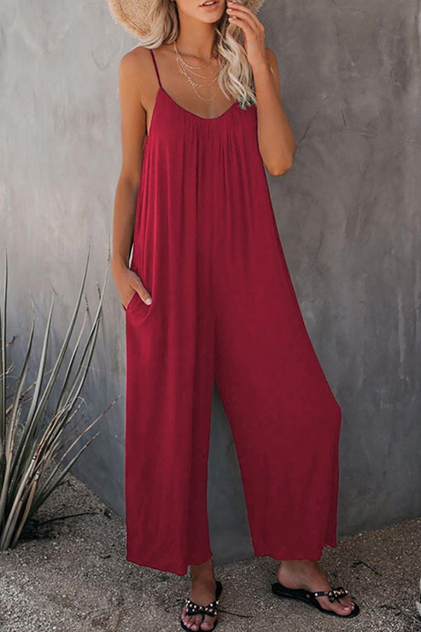 Casual Sling Solid Color Pocket Jumpsuit