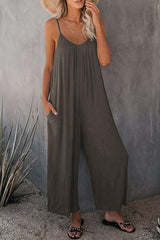 Casual Sling Solid Color Pocket Jumpsuit