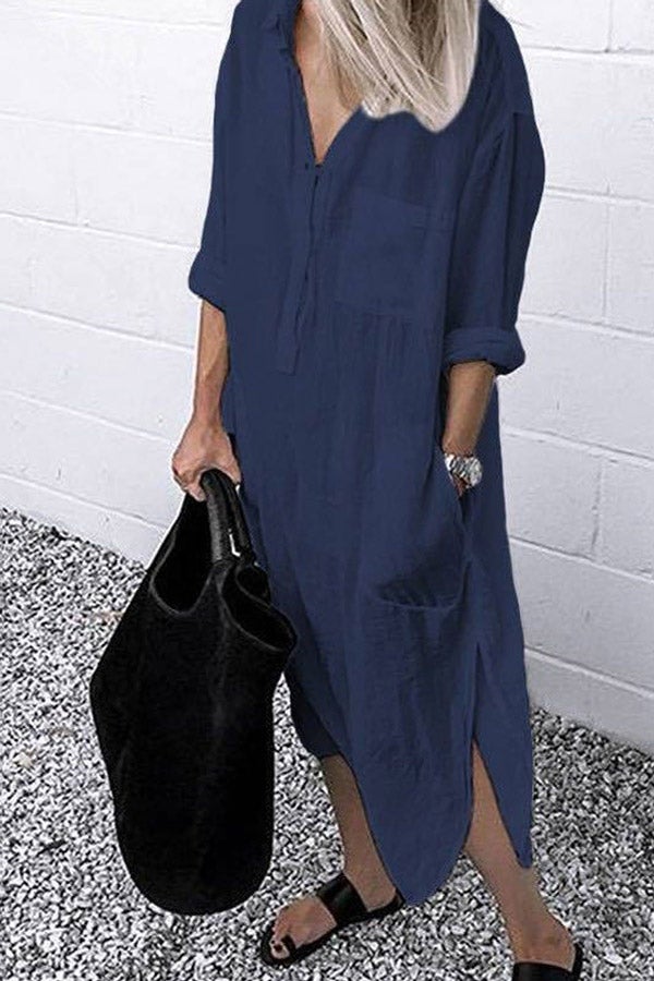 Casual Solid Color Split Shirt Dress