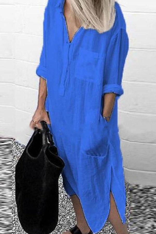 Casual Solid Color Split Shirt Dress