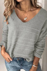 Casual V Neck Striped Sweater