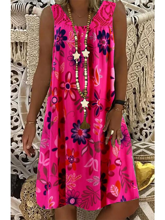 Women's Shift Dress Knee Length Dress - Sleeveless Floral Lace Print Summer Plus Size Hot Mumu Beach vacation dresses 2020 White Black Army Green Fuchsia Navy Blue M L XL XXL 3XL 4XL 5XL