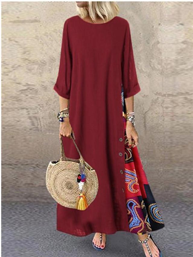 Women's Swing Dress Maxi long Dress - 3/4 Length Sleeve Print Print Spring & Summer Hot Casual Holiday vacation dresses Loose 2020 Red Yellow Wine Army Green Navy Blue Gray L XL XXL 3XL 4XL 5XL