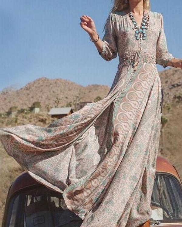 Bohemian Women 3/4 Sleeve V neck Summer Floral Boho Dress