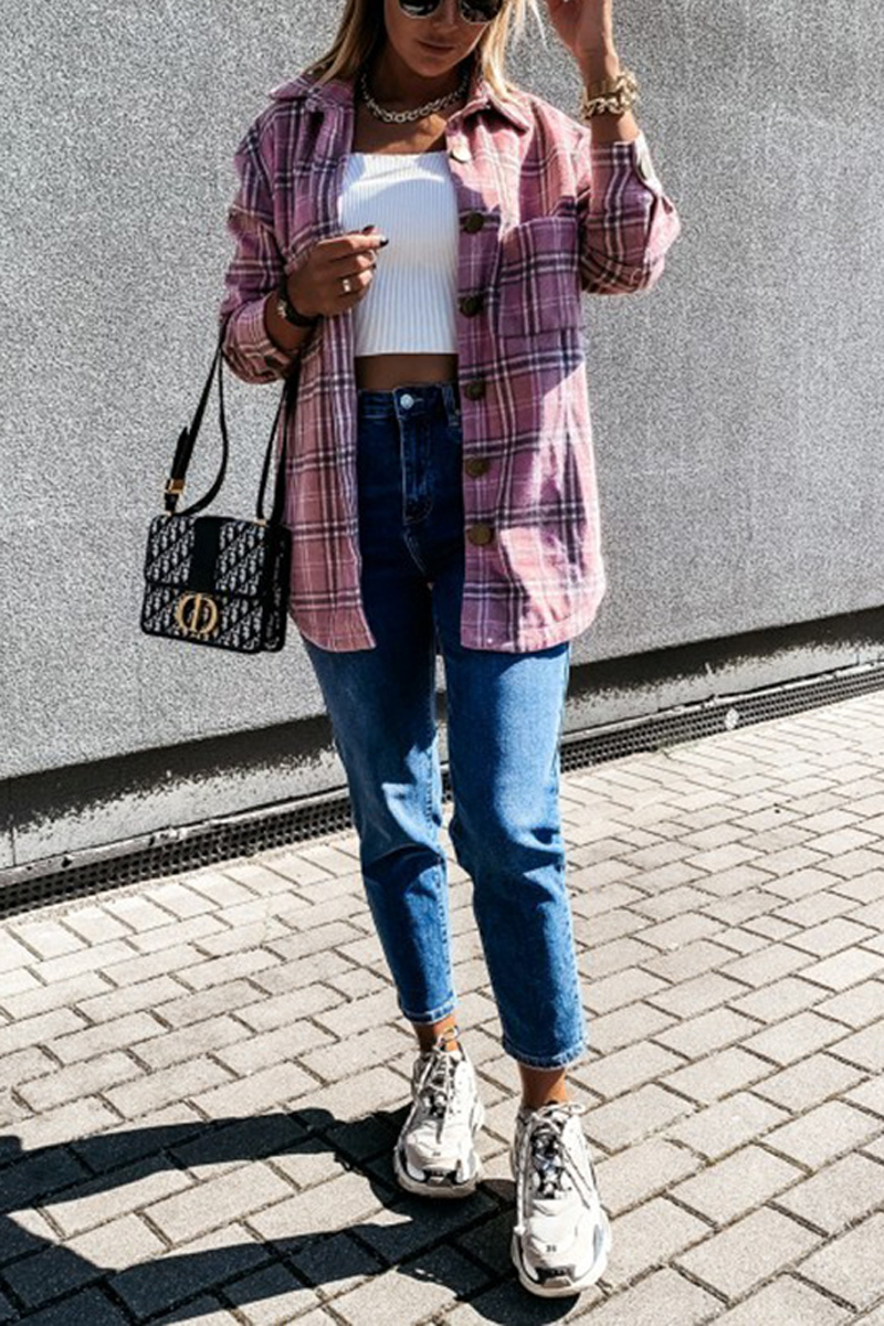 Vintage Plaid Print Button Blouse Coat