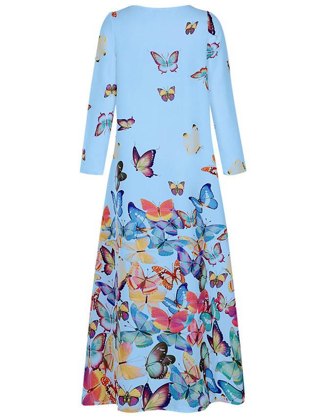 Women's Shift Dress Maxi long Dress - Long Sleeve Butterfly Spring Fall Hot Loose White Yellow Blushing Pink Light Blue S M L XL XXL 3XL 4XL 5XL