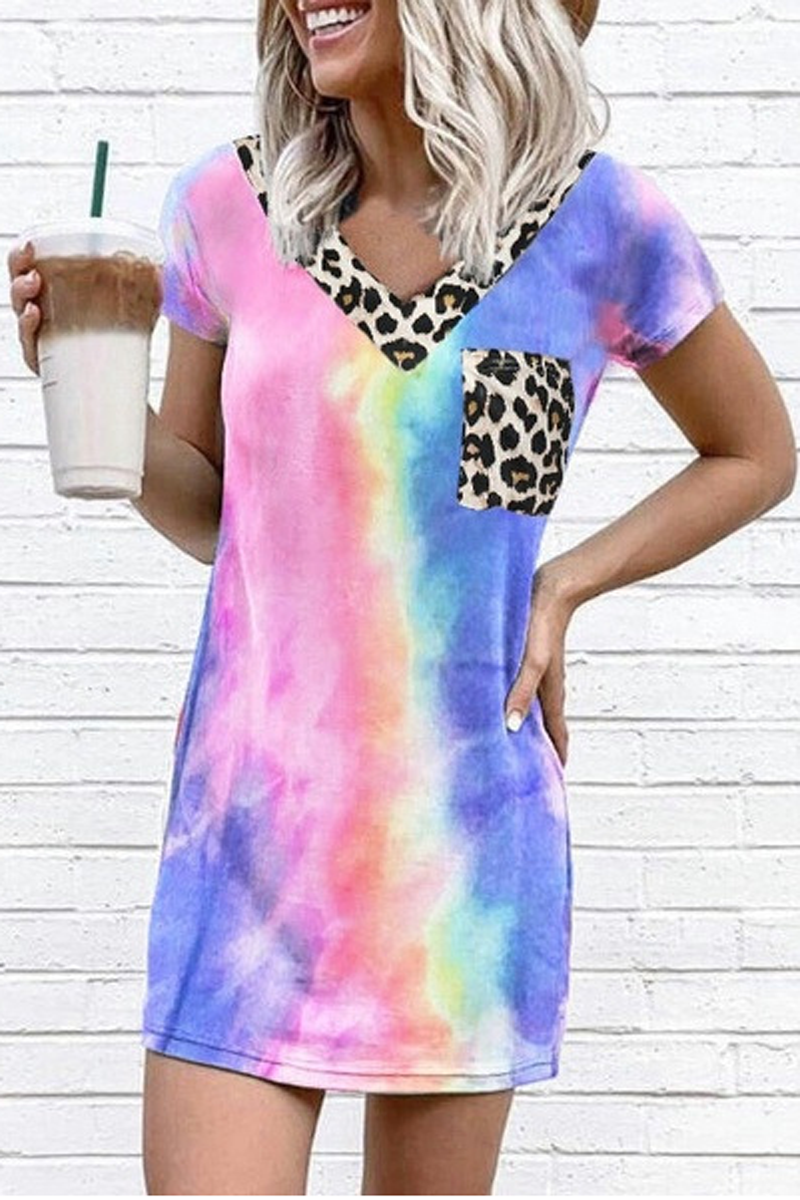 Tie Dye Gradient Leopard T-Shirt Dress