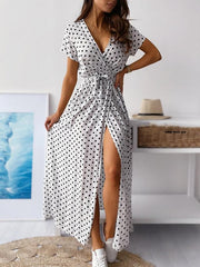 Women's Chiffon Dress Maxi Long Dress White Blue Red Navy Blue Short Sleeve Polka Dot Summer V Neck Sexy Boho 2021 S M L XL XXL