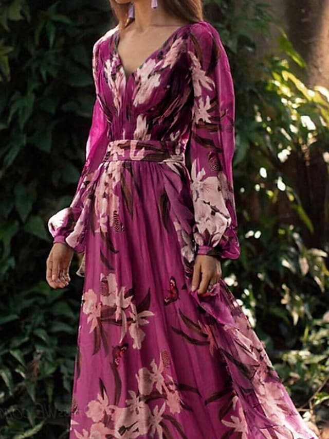 Women's Chiffon Dress Maxi long Dress Purple Long Sleeve Floral Color Block Summer V Neck Holiday Boho 2021 S M L XL XXL 3XL