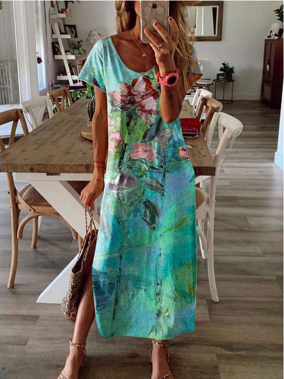 Casual Art Oil Painting Floral Round Neck Short Sleeve Hem Slit Long Dress