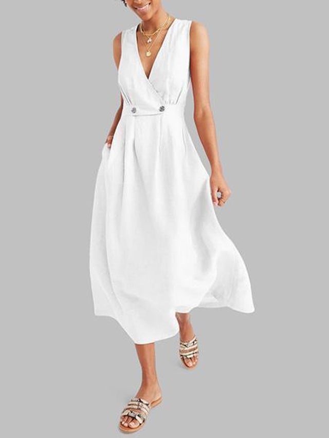 Sexy Elegant V Neck Solid Color Sleeveless Dress