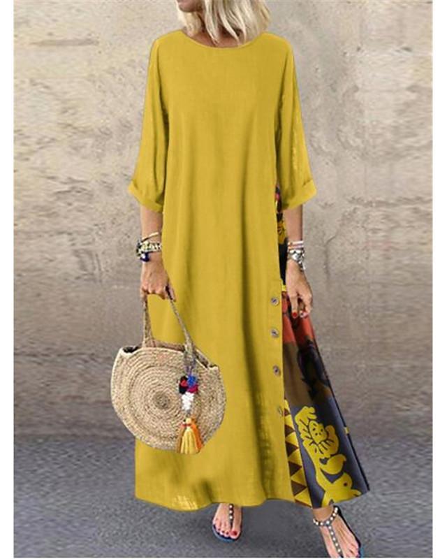 Women's Swing Dress Maxi long Dress - 3/4 Length Sleeve Print Print Spring & Summer Hot Casual Holiday vacation dresses Loose 2020 Red Yellow Wine Army Green Navy Blue Gray L XL XXL 3XL 4XL 5XL