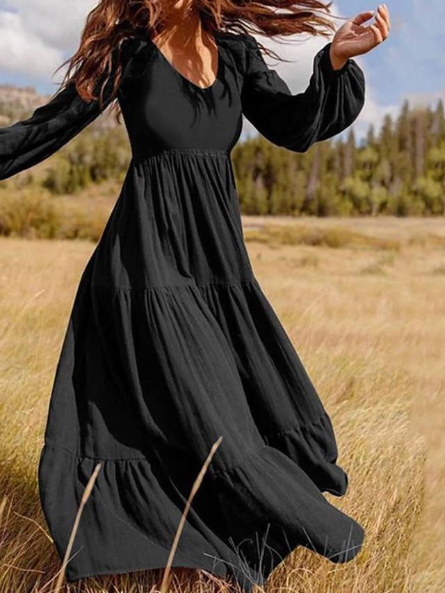 Women's Swing Dress Maxi long Dress Long Sleeve Solid Color Patchwork Fall Hot Casual Black Green Brown M L XL XXL 3XL 4XL 5XL