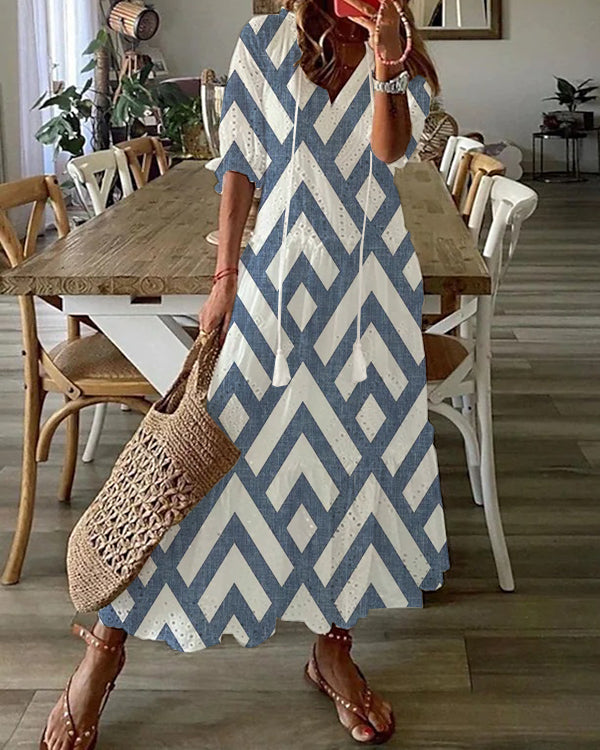 Bohemian V-Neck Print Drawstring Short Sleeve Midi Dress