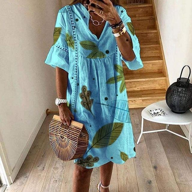 Women Sexy Hollow Out V-neck Mini Dress Floral Print Patchwork Dress Casual Beach Dress